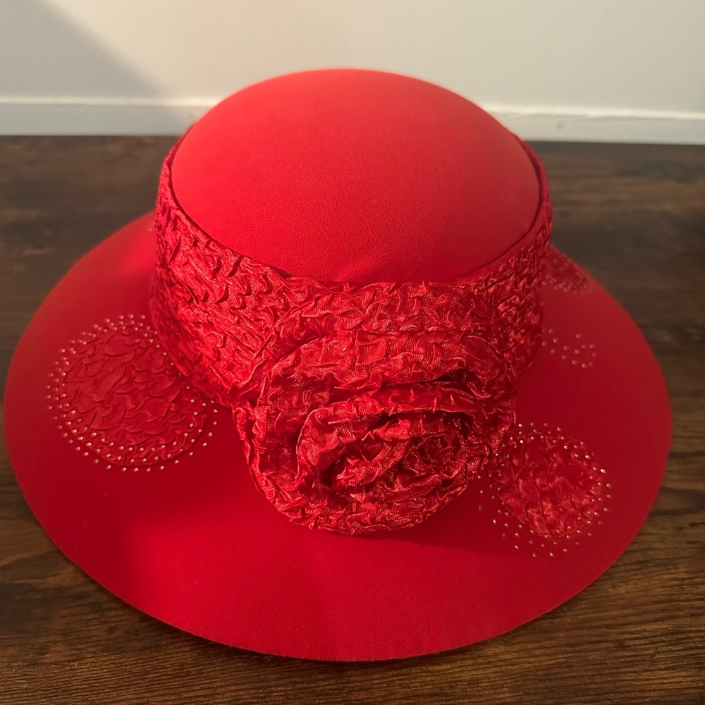 Psalm CIV Red Wide Brim Round Hat With Embellishments & Rouched Red Fabric Band